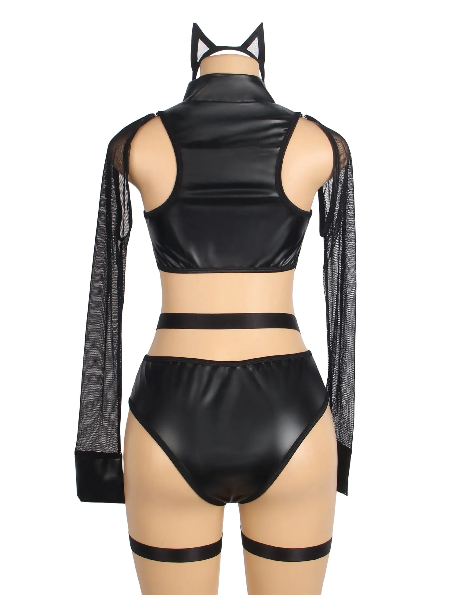 Black Sexy PU Leather Mesh Zipper Long Sleeves Bodysuit