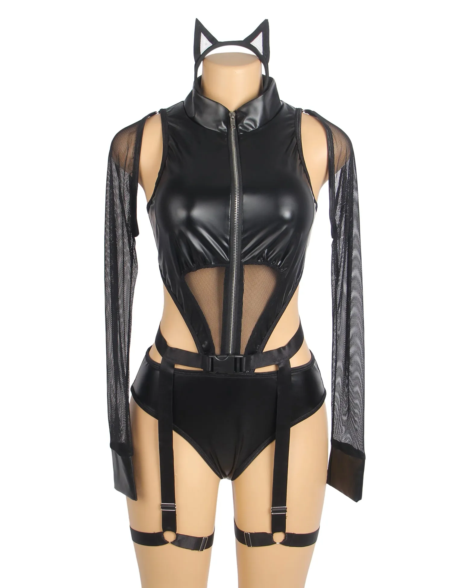 Black Sexy PU Leather Mesh Zipper Long Sleeves Bodysuit