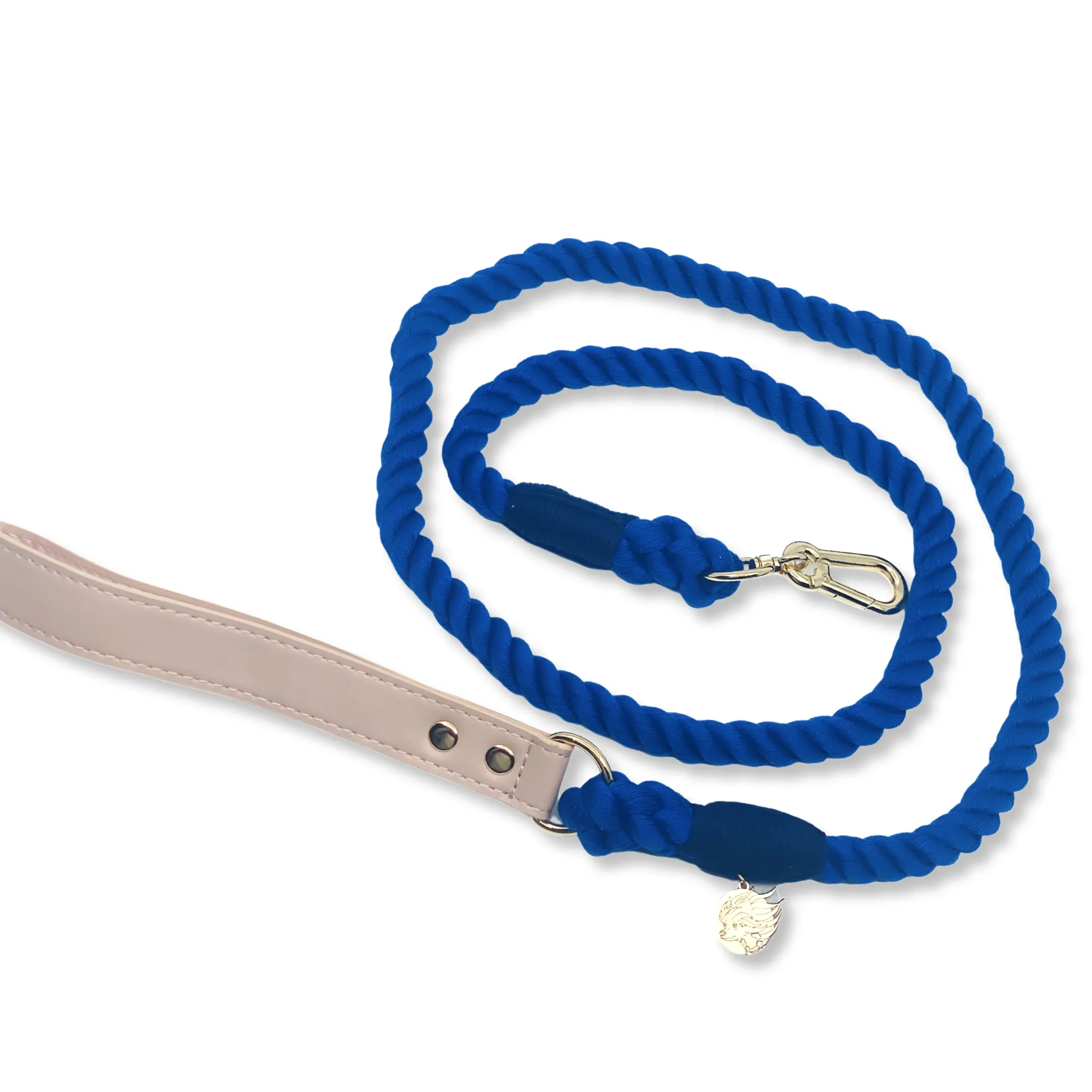 Braided Cotton Rope Dog Leash With Vegan Leather Handle - Cobalt Blue