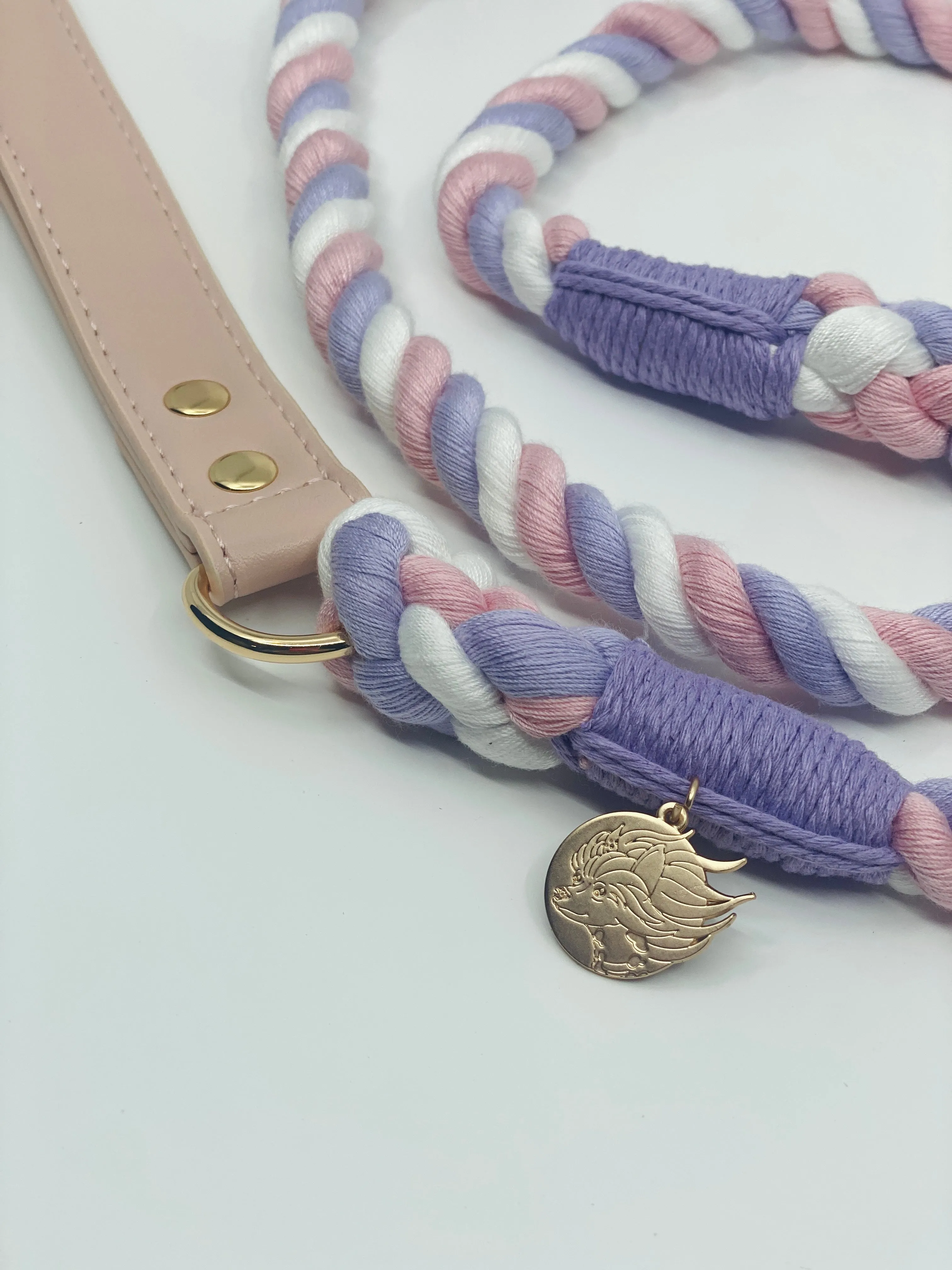 Braided Cotton Rope Dog Leash With Vegan Leather Handle - Unicorn