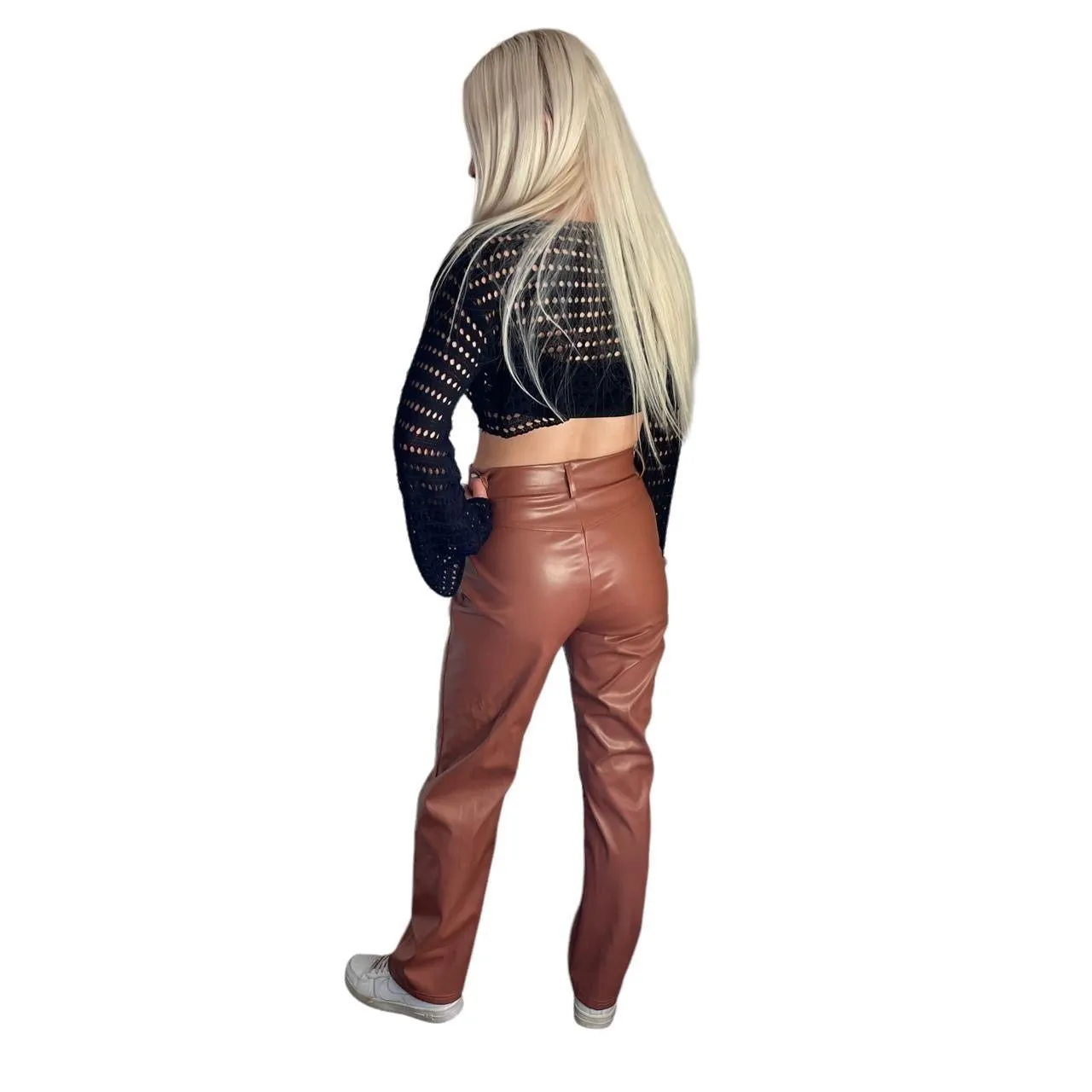 Brown Faux Leather Straight Leg Trousers