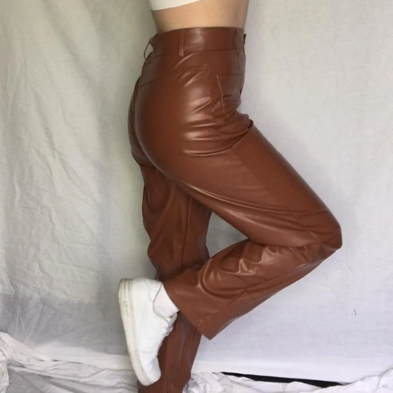 Brown Faux Leather Straight Leg Trousers