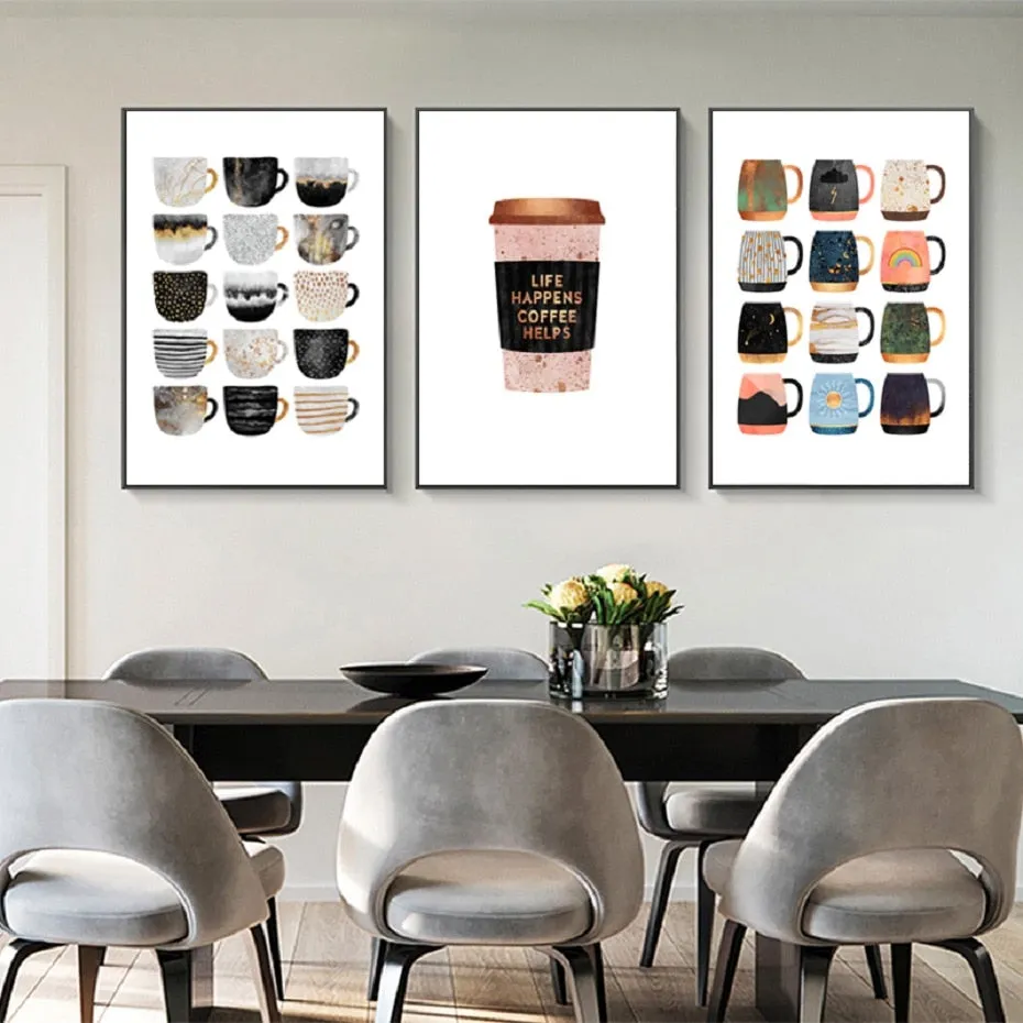 But First Coffee Colorful Cups Coffee Wall Art