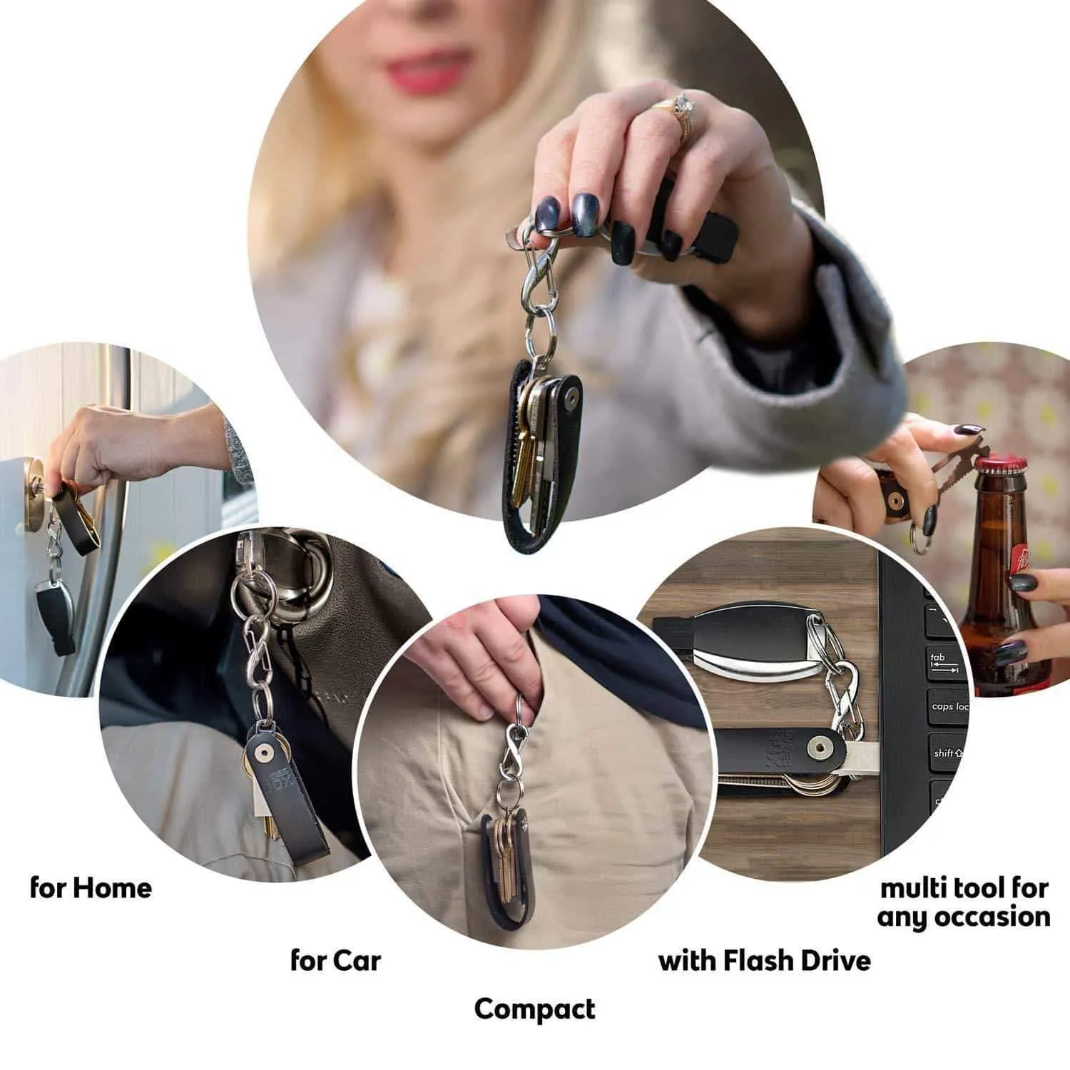 BUYESBOX Compact Key Organizer Leather Keychain Pocket Smart Key Holder Real Leather Secure Locking Mechanism Key Chain up to 10 Keys & Tools 16GB USB Memory