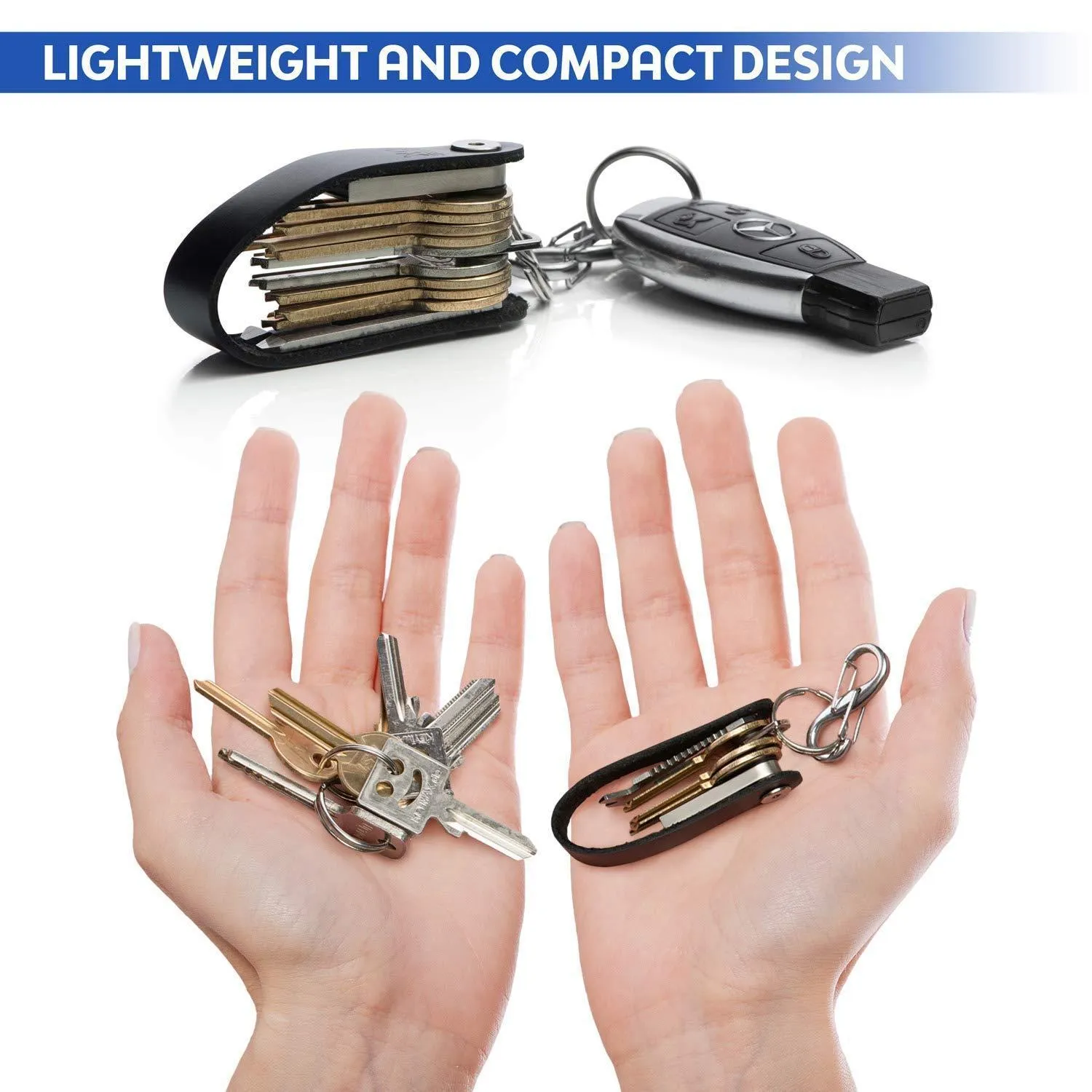 BUYESBOX Compact Key Organizer Leather Keychain Pocket Smart Key Holder Real Leather Secure Locking Mechanism Key Chain up to 10 Keys & Tools 16GB USB Memory