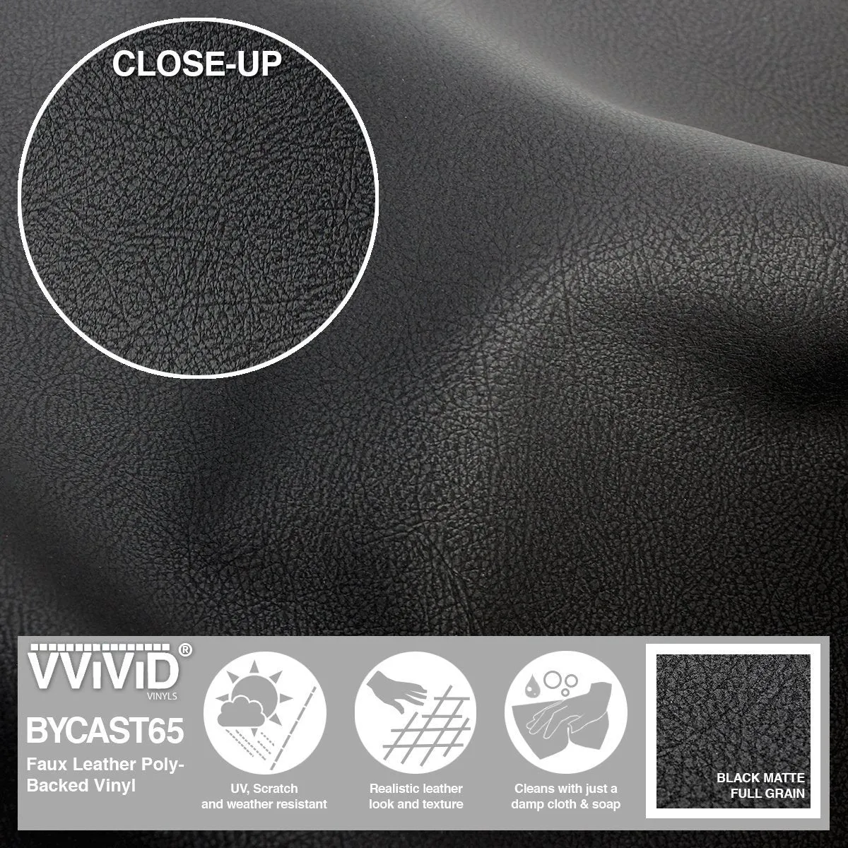 Bycast65 Black Matte Buffed Full-Grain Pattern Faux Leather Marine Vinyl Fabric