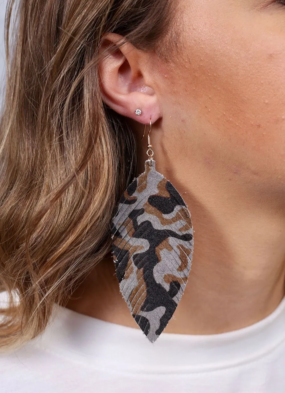 Camo Genuine Leather Feather Drop Earrings