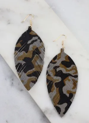 Camo Genuine Leather Feather Drop Earrings