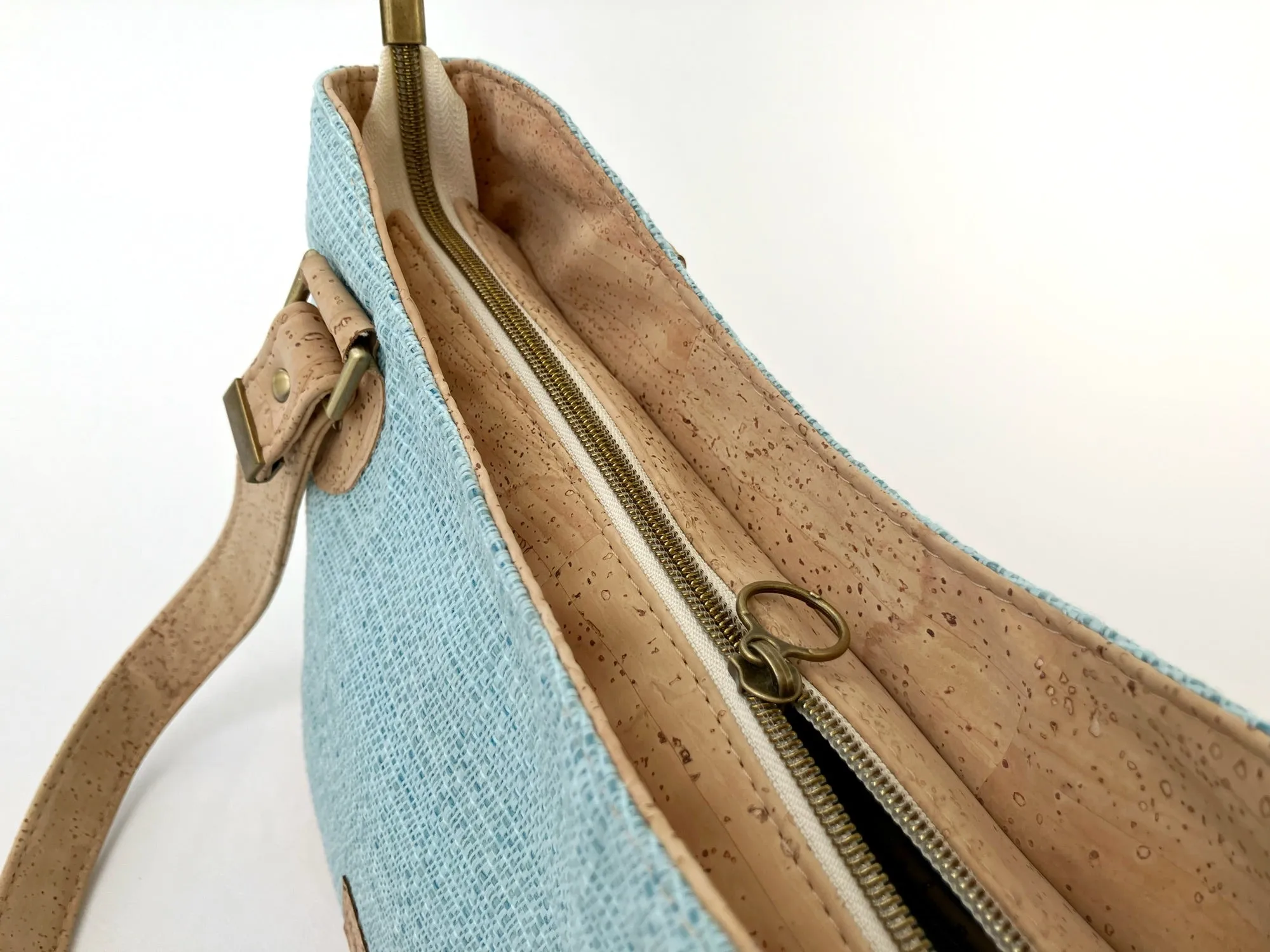 Canvas and Cork Shoulder Bag – Textured Aqua with Hibiscus Detail