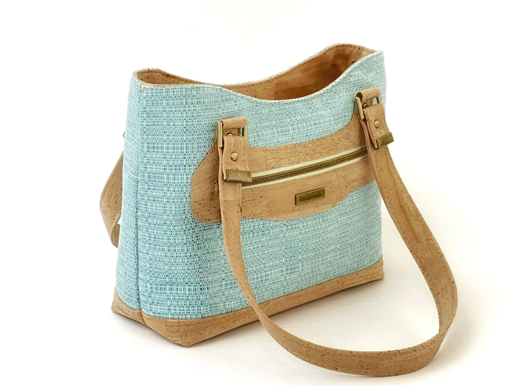 Canvas and Cork Shoulder Bag – Textured Aqua with Hibiscus Detail