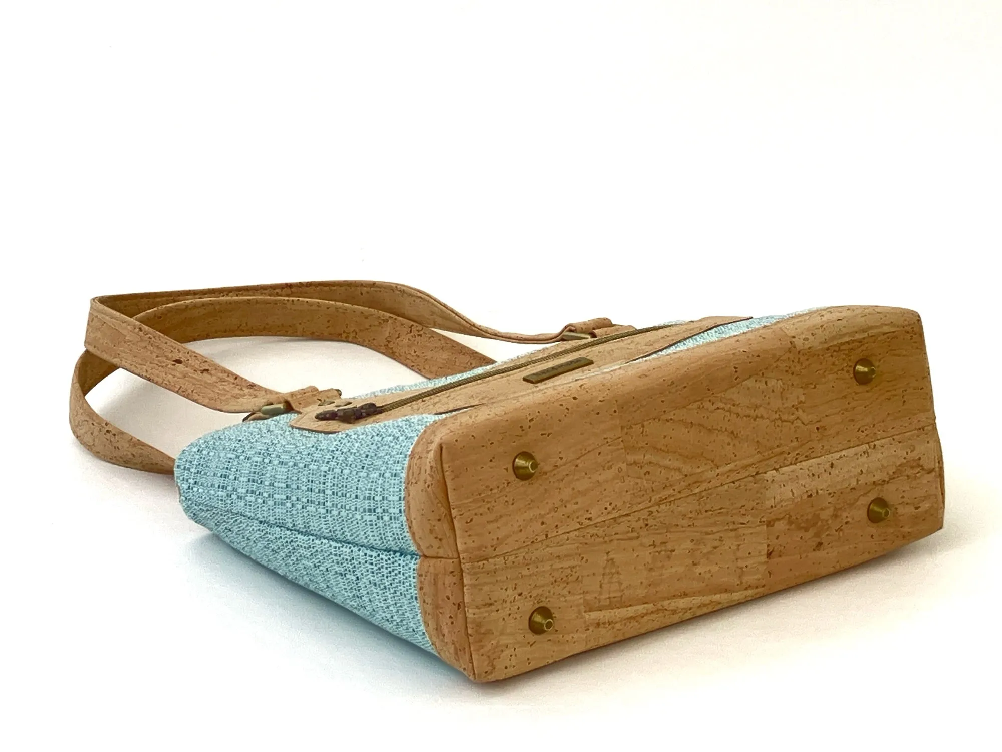 Canvas and Cork Shoulder Bag – Textured Aqua with Hibiscus Detail