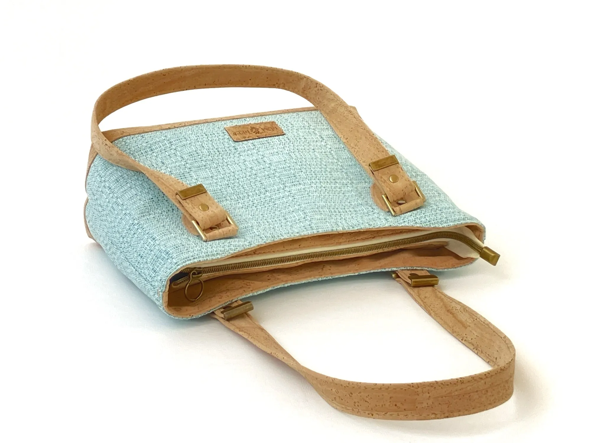 Canvas and Cork Shoulder Bag – Textured Aqua with Hibiscus Detail