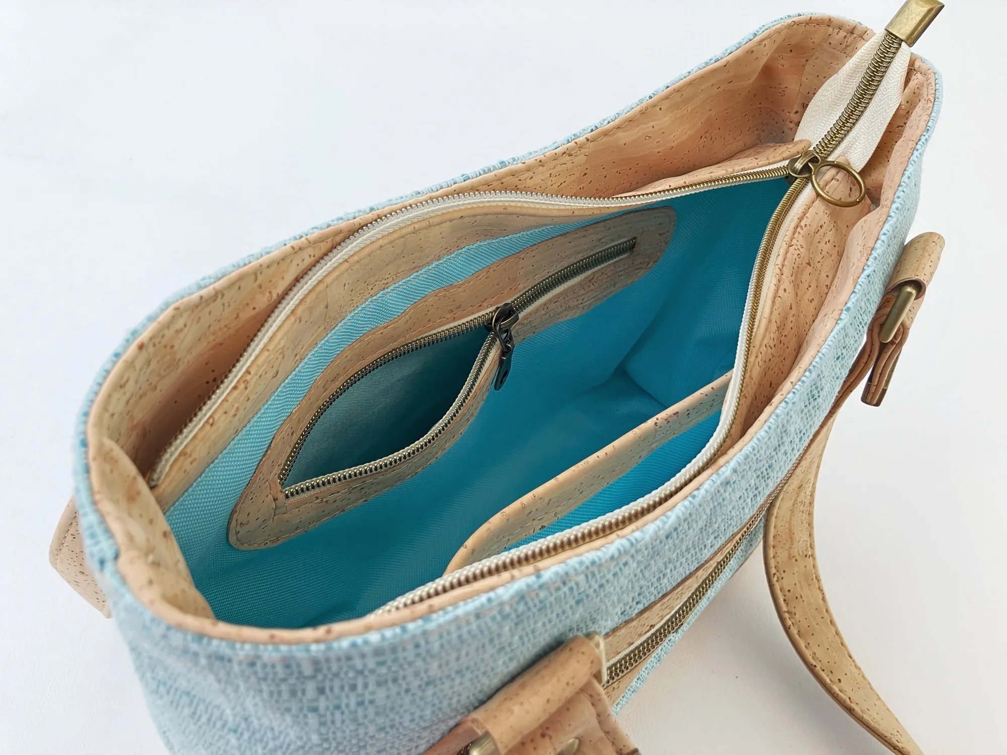 Canvas and Cork Shoulder Bag – Textured Aqua with Hibiscus Detail