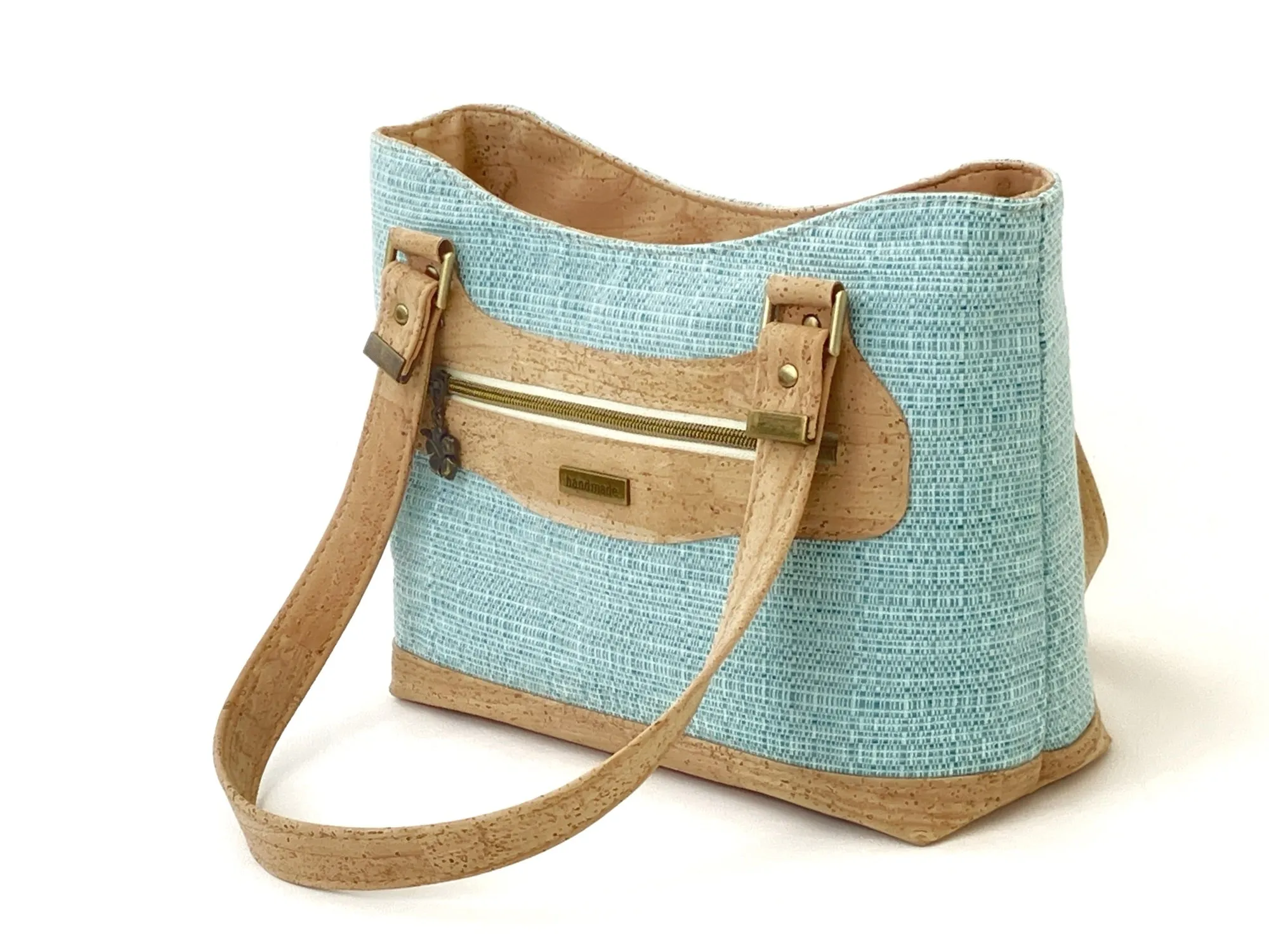 Canvas and Cork Shoulder Bag – Textured Aqua with Hibiscus Detail