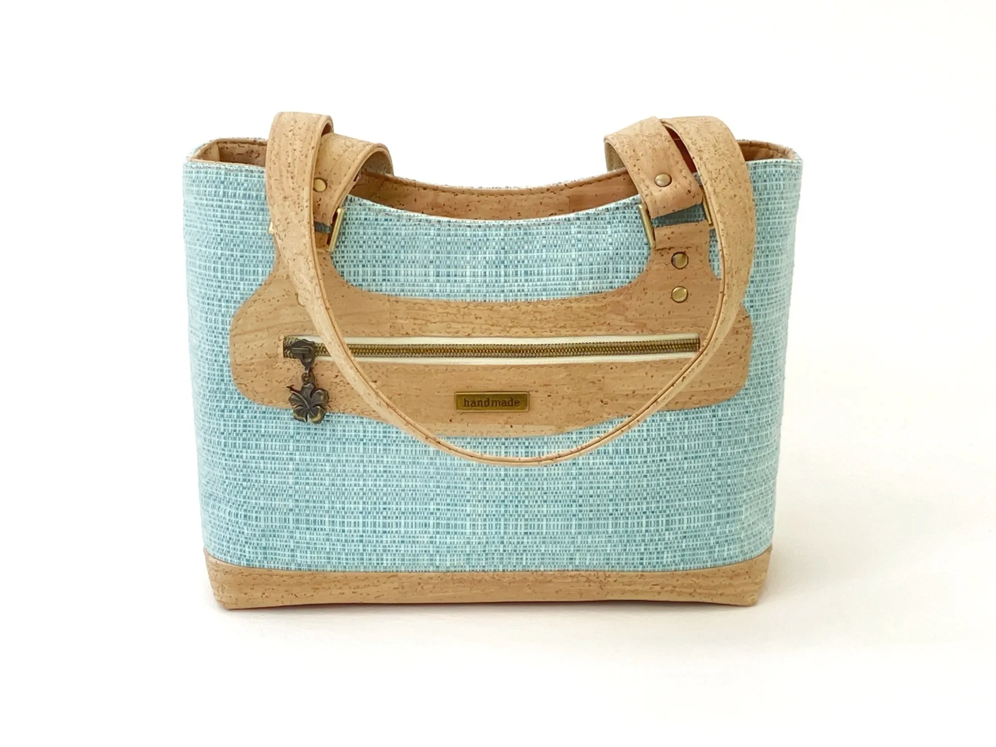 Canvas and Cork Shoulder Bag – Textured Aqua with Hibiscus Detail