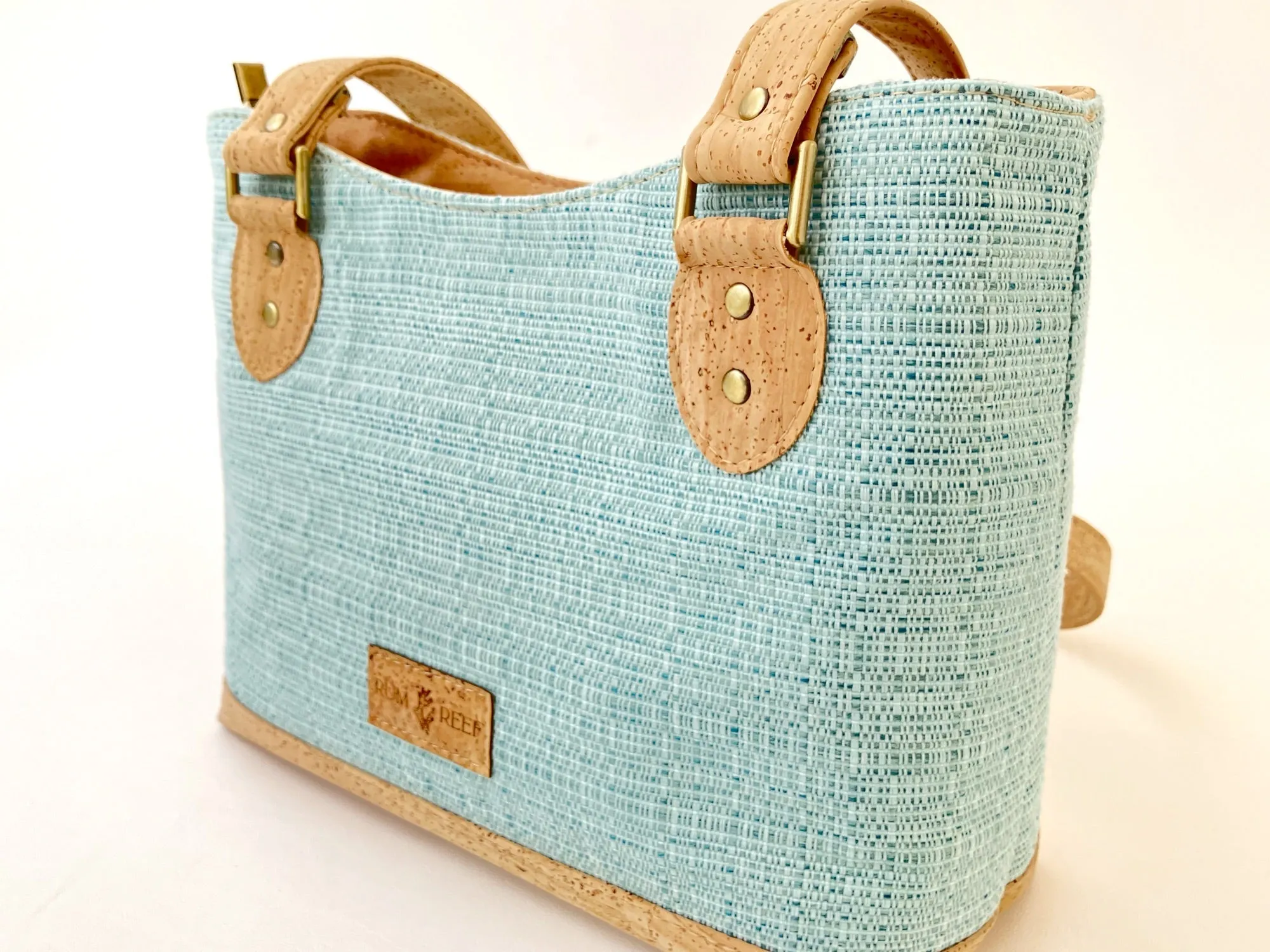 Canvas and Cork Shoulder Bag – Textured Aqua with Hibiscus Detail
