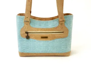 Canvas and Cork Shoulder Bag – Textured Aqua with Hibiscus Detail
