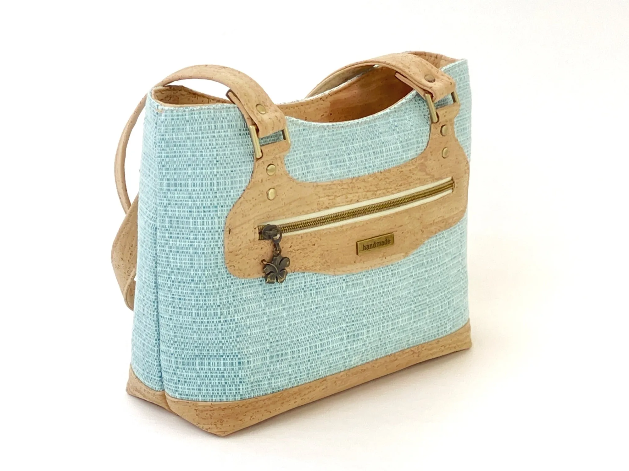 Canvas and Cork Shoulder Bag – Textured Aqua with Hibiscus Detail