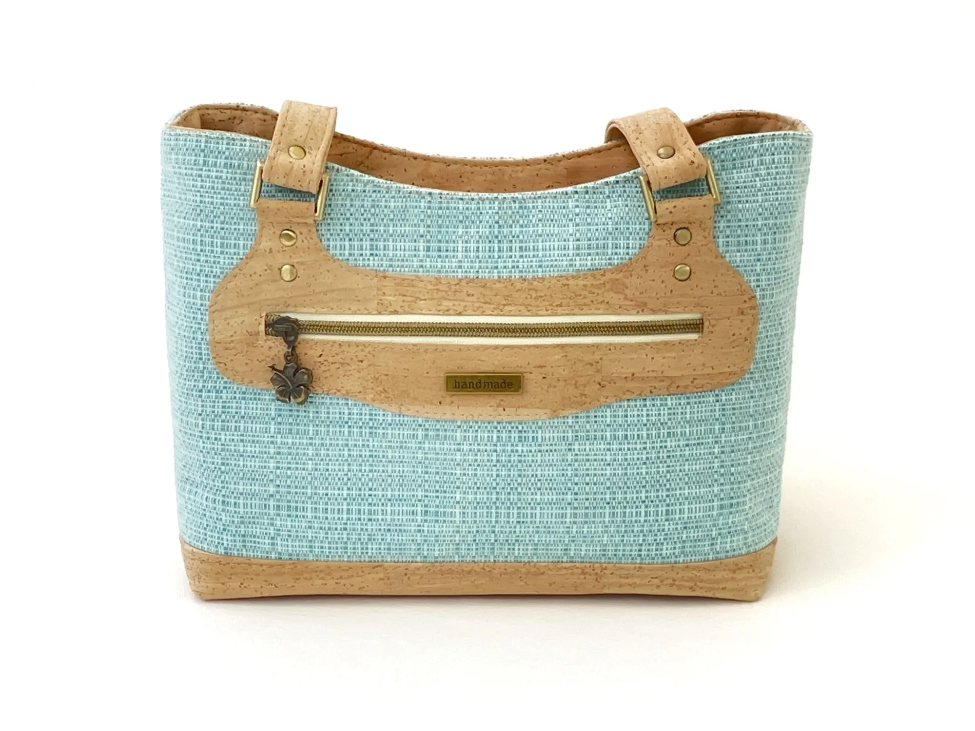 Canvas and Cork Shoulder Bag – Textured Aqua with Hibiscus Detail