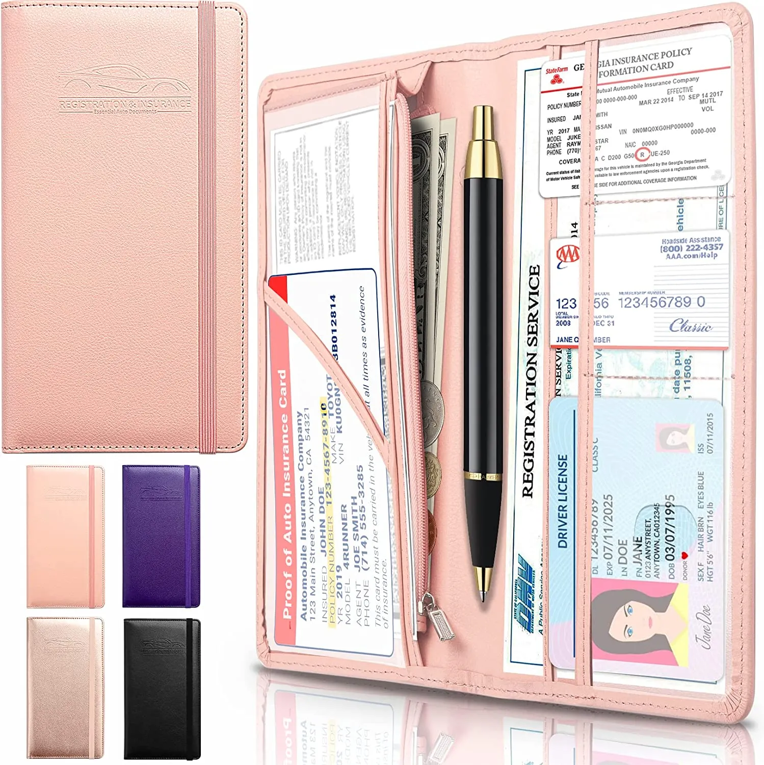 Car Registration and Insurance Holder with Inner Expandable Zipper Pouch, PU Car Document Holder, Elastic Closure Glove Box Document Holder for License, Car card and Essential Auto Documents, Compatible with All Cars