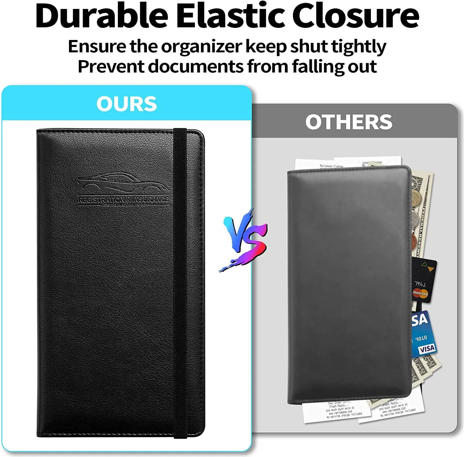 Car Registration and Insurance Holder with Inner Expandable Zipper Pouch, PU Car Document Holder, Elastic Closure Glove Box Document Holder for License, Car card and Essential Auto Documents, Compatible with All Cars