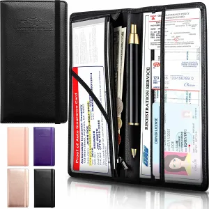 Car Registration and Insurance Holder with Inner Expandable Zipper Pouch, PU Car Document Holder, Elastic Closure Glove Box Document Holder for License, Car card and Essential Auto Documents, Compatible with All Cars