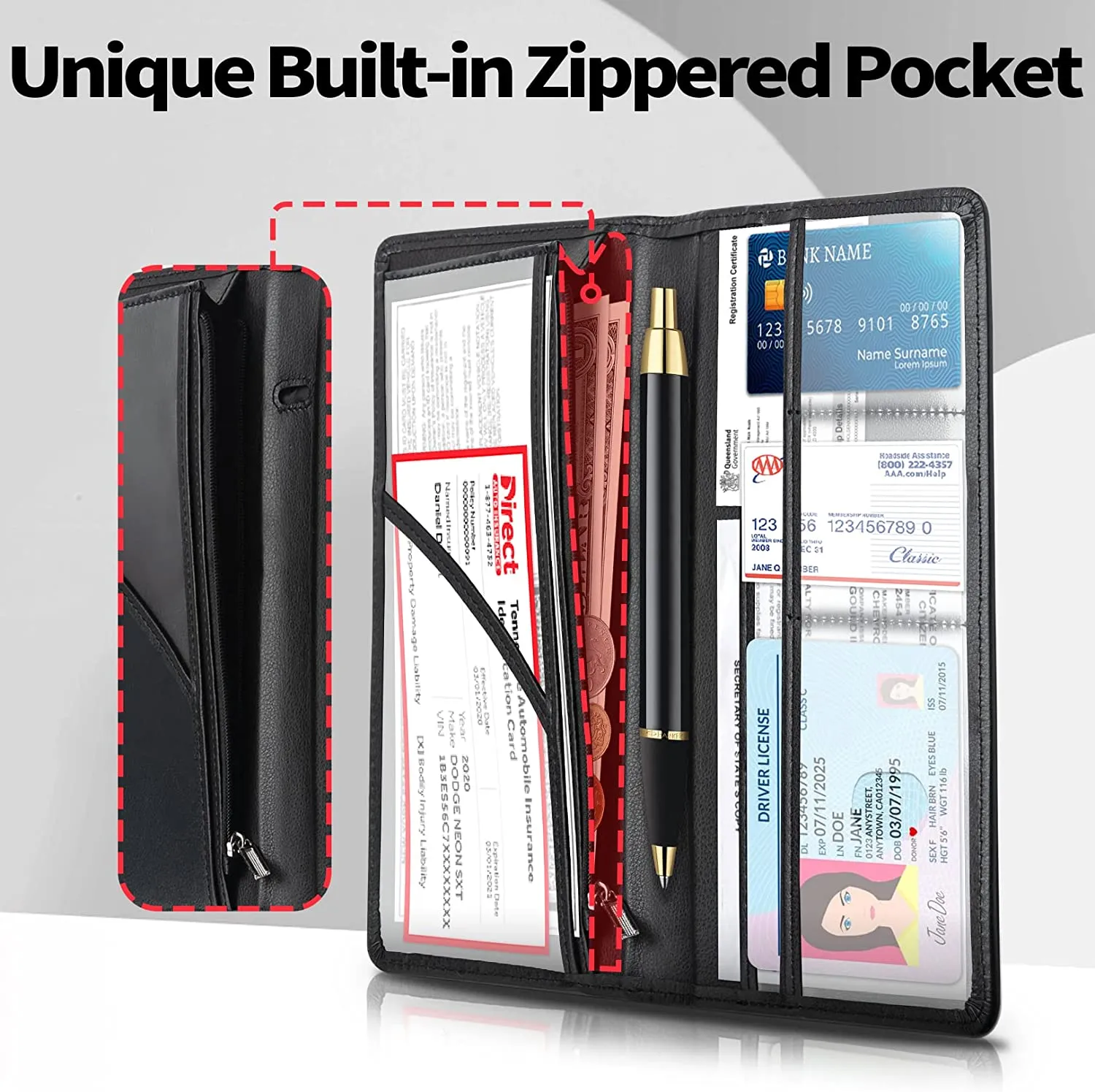 Car Registration and Insurance Holder with Inner Expandable Zipper Pouch, PU Car Document Holder, Elastic Closure Glove Box Document Holder for License, Car card and Essential Auto Documents, Compatible with All Cars