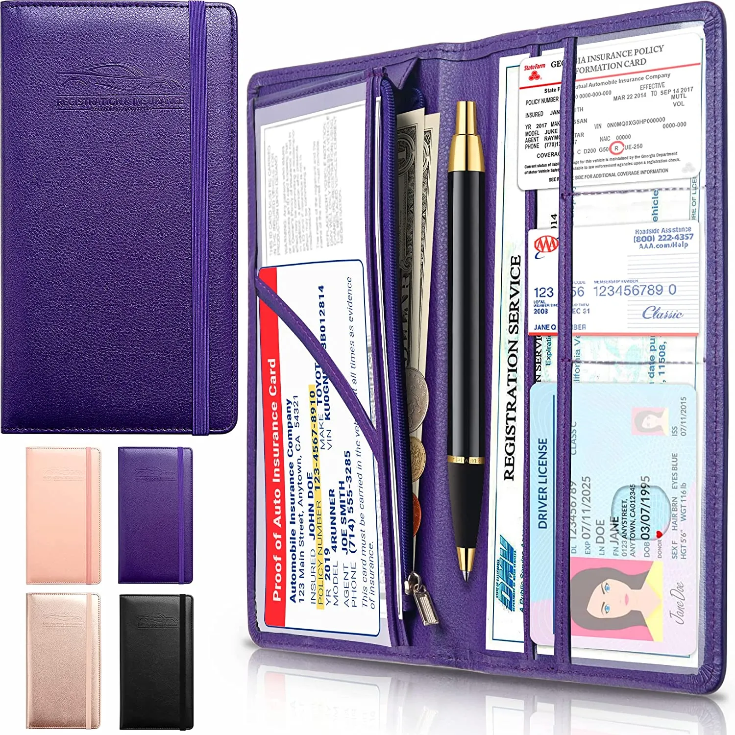 Car Registration and Insurance Holder with Inner Expandable Zipper Pouch, PU Car Document Holder, Elastic Closure Glove Box Document Holder for License, Car card and Essential Auto Documents, Compatible with All Cars