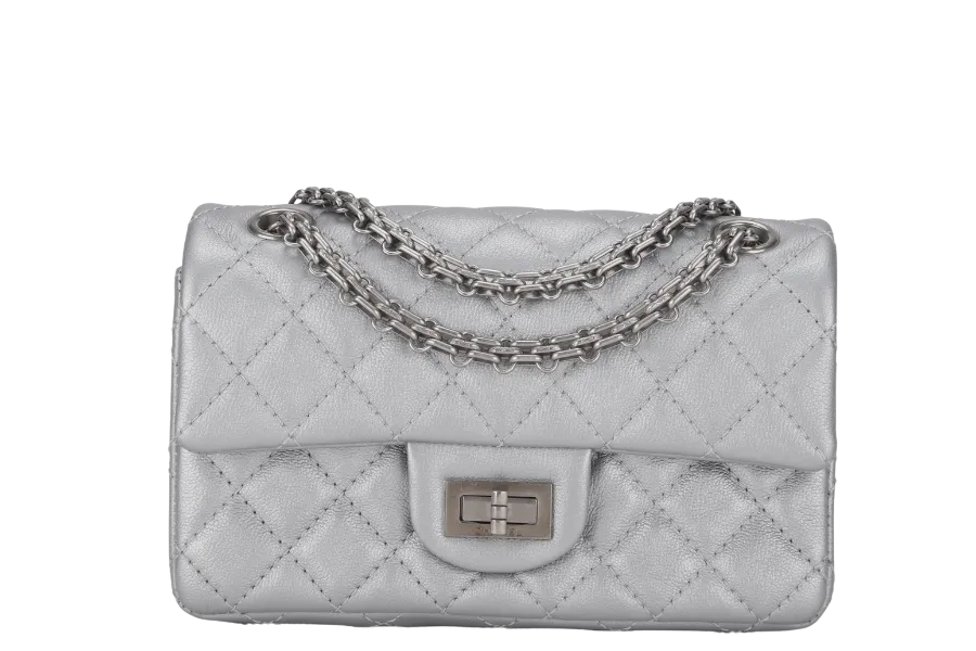 CHANEL CLASSIC FLAP REISSUE 2.55 MINI SILVER CALFSKIN SHW AUL4xxxx(MICROCHIP) WITH DUST COVER AND BOX