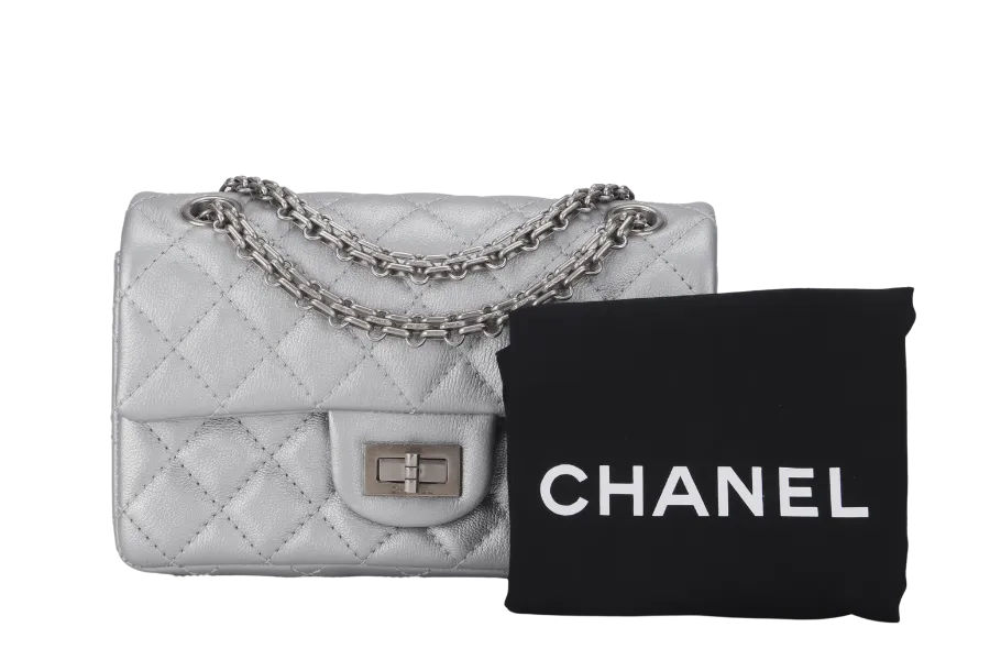 CHANEL CLASSIC FLAP REISSUE 2.55 MINI SILVER CALFSKIN SHW AUL4xxxx(MICROCHIP) WITH DUST COVER AND BOX
