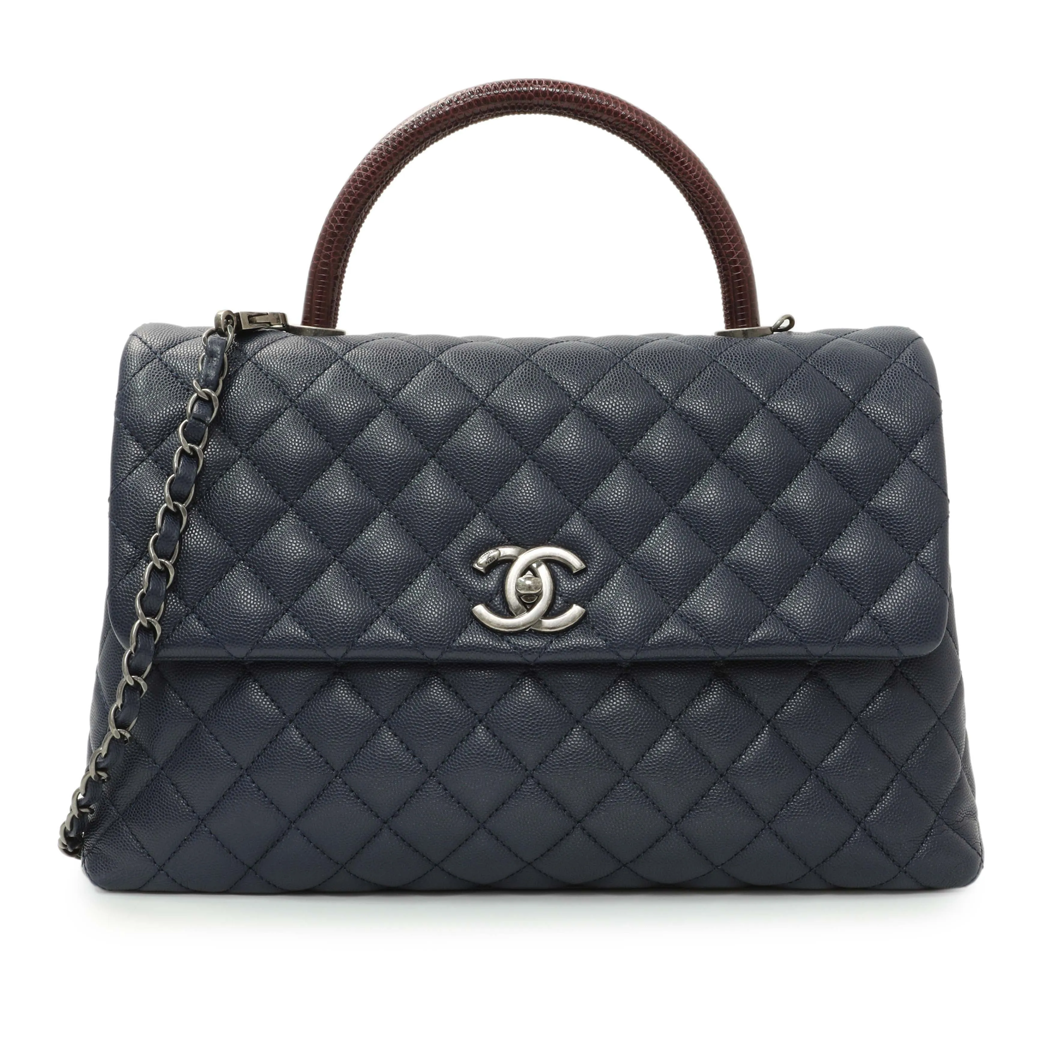 Chanel Navy Quilted Caviar Lizard Medium Coco Handle