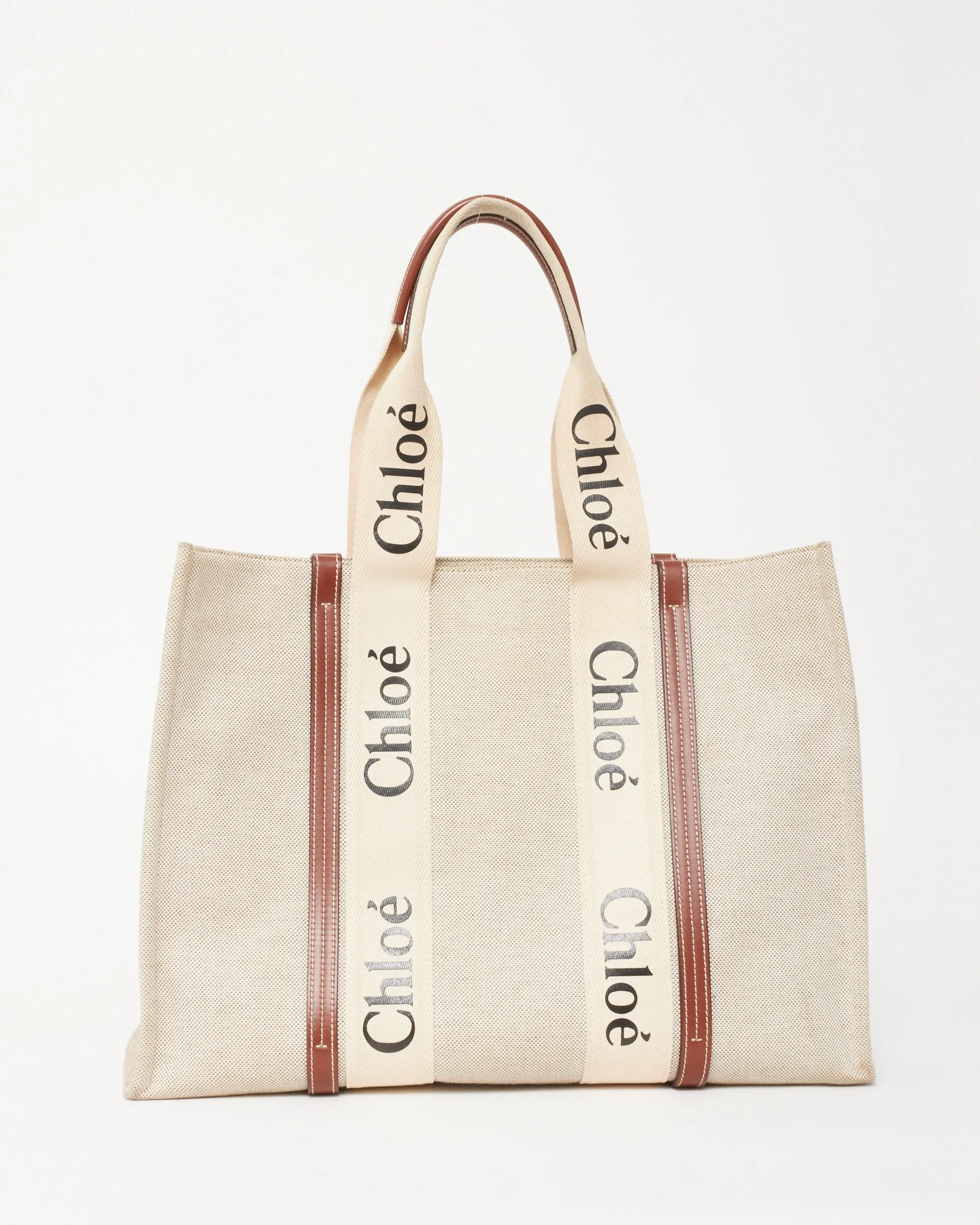Chloé Beige Canvas & Brown Leather Trim Large Woody Tote Bag