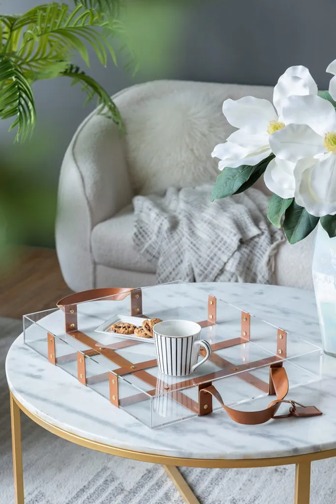 CLEAR ACRYLIC TRAY WITH FAUX LEATHER STRAPS/HANDLES