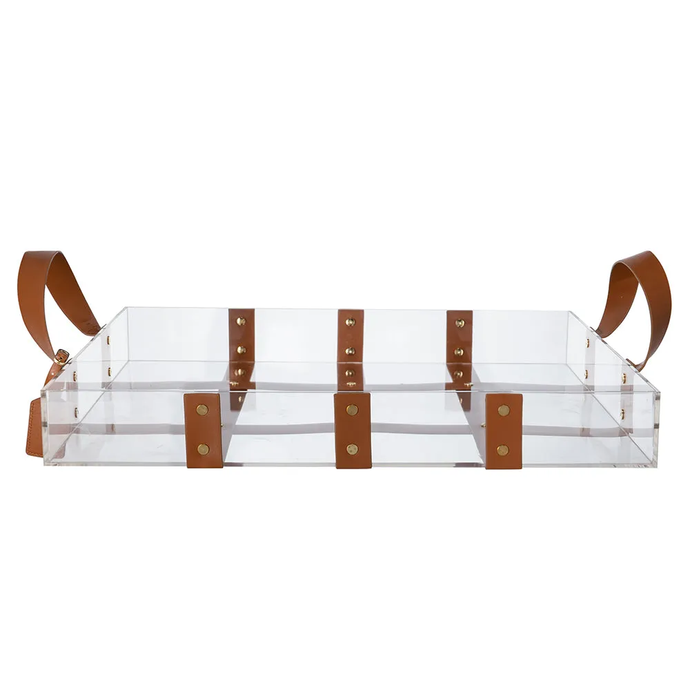 CLEAR ACRYLIC TRAY WITH FAUX LEATHER STRAPS/HANDLES