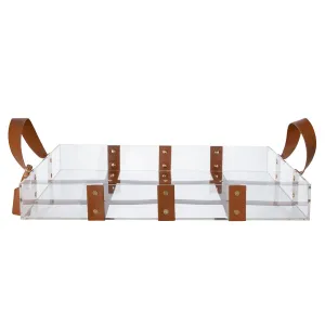 CLEAR ACRYLIC TRAY WITH FAUX LEATHER STRAPS/HANDLES