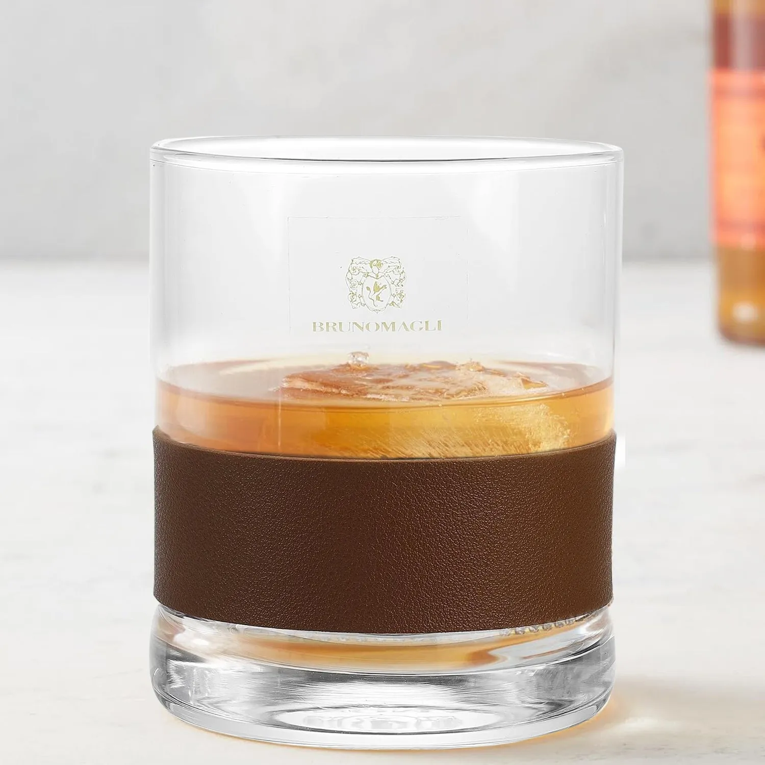 CLEAR SET OF 4 OLD FASHION GLASSES W/ PU LEATHER BAND 13.19 OZ/390 ML, 3.22"D X 3.93"H  GB