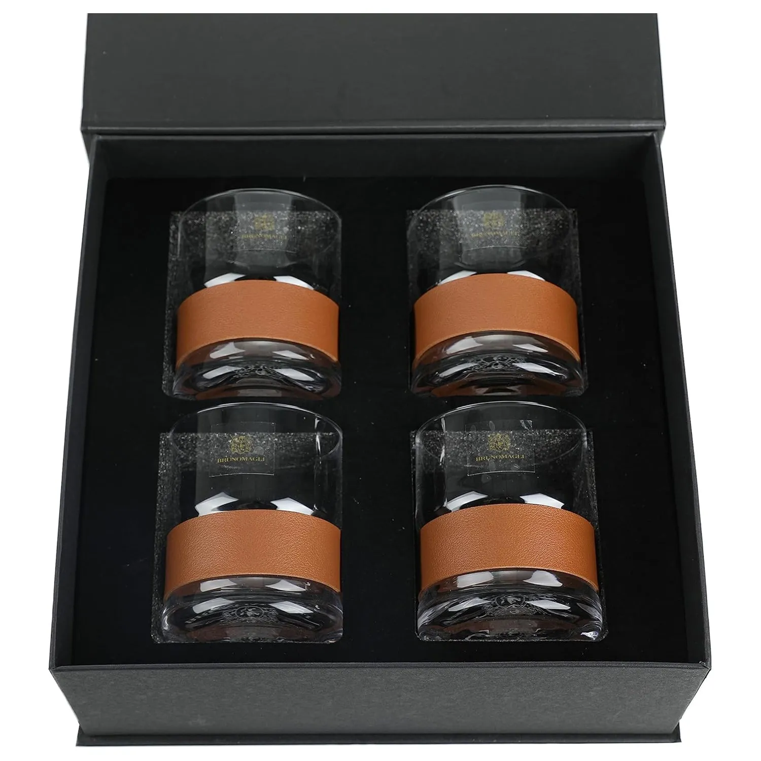 CLEAR SET OF 4 OLD FASHION GLASSES W/ PU LEATHER BAND 13.19 OZ/390 ML, 3.22"D X 3.93"H  GB