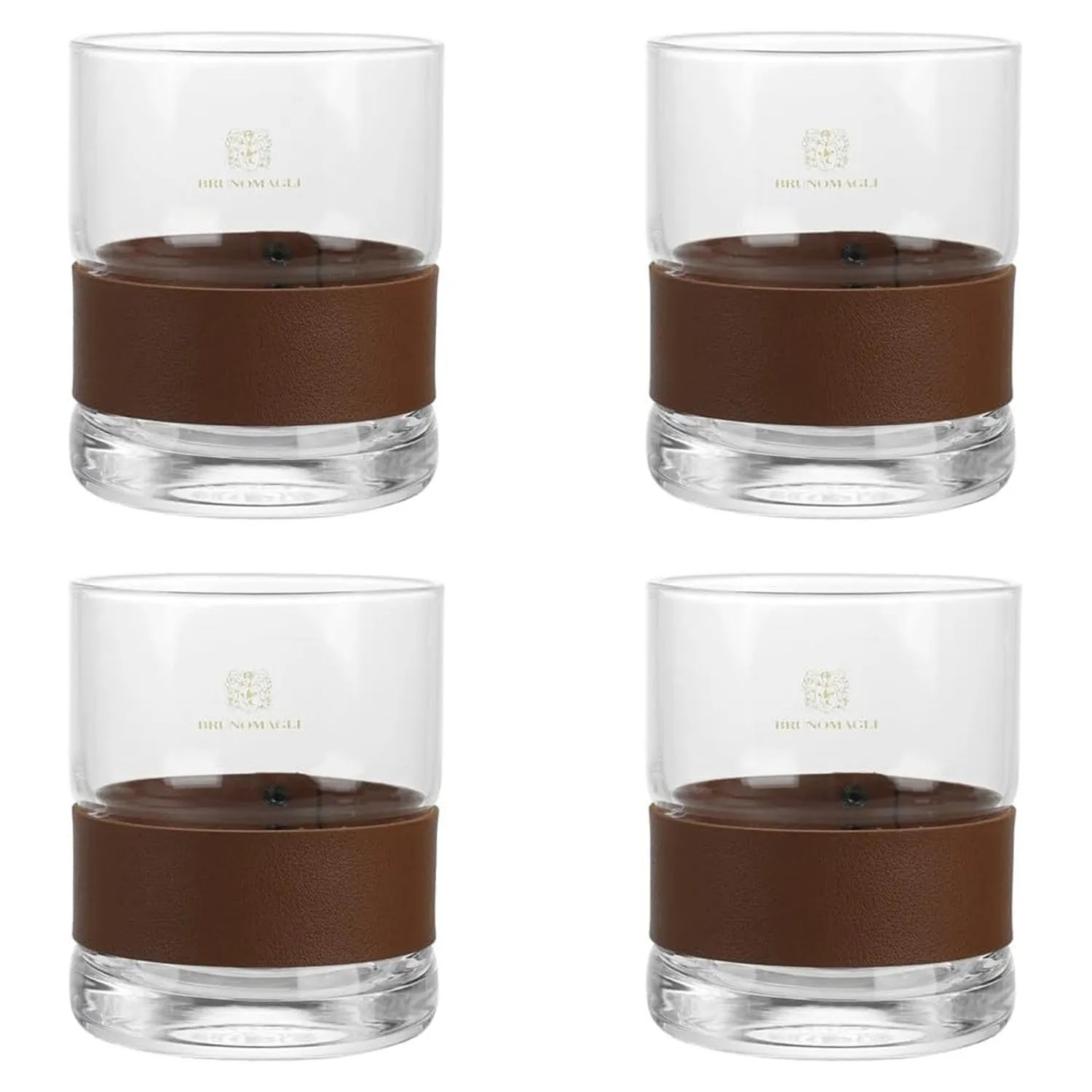 CLEAR SET OF 4 OLD FASHION GLASSES W/ PU LEATHER BAND 13.19 OZ/390 ML, 3.22"D X 3.93"H  GB