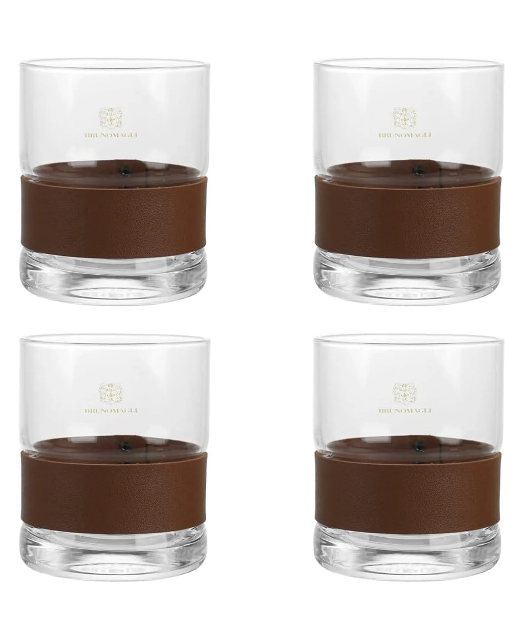 CLEAR SET OF 4 OLD FASHION GLASSES W/ PU LEATHER BAND 13.19 OZ/390 ML, 3.22"D X 3.93"H  GB