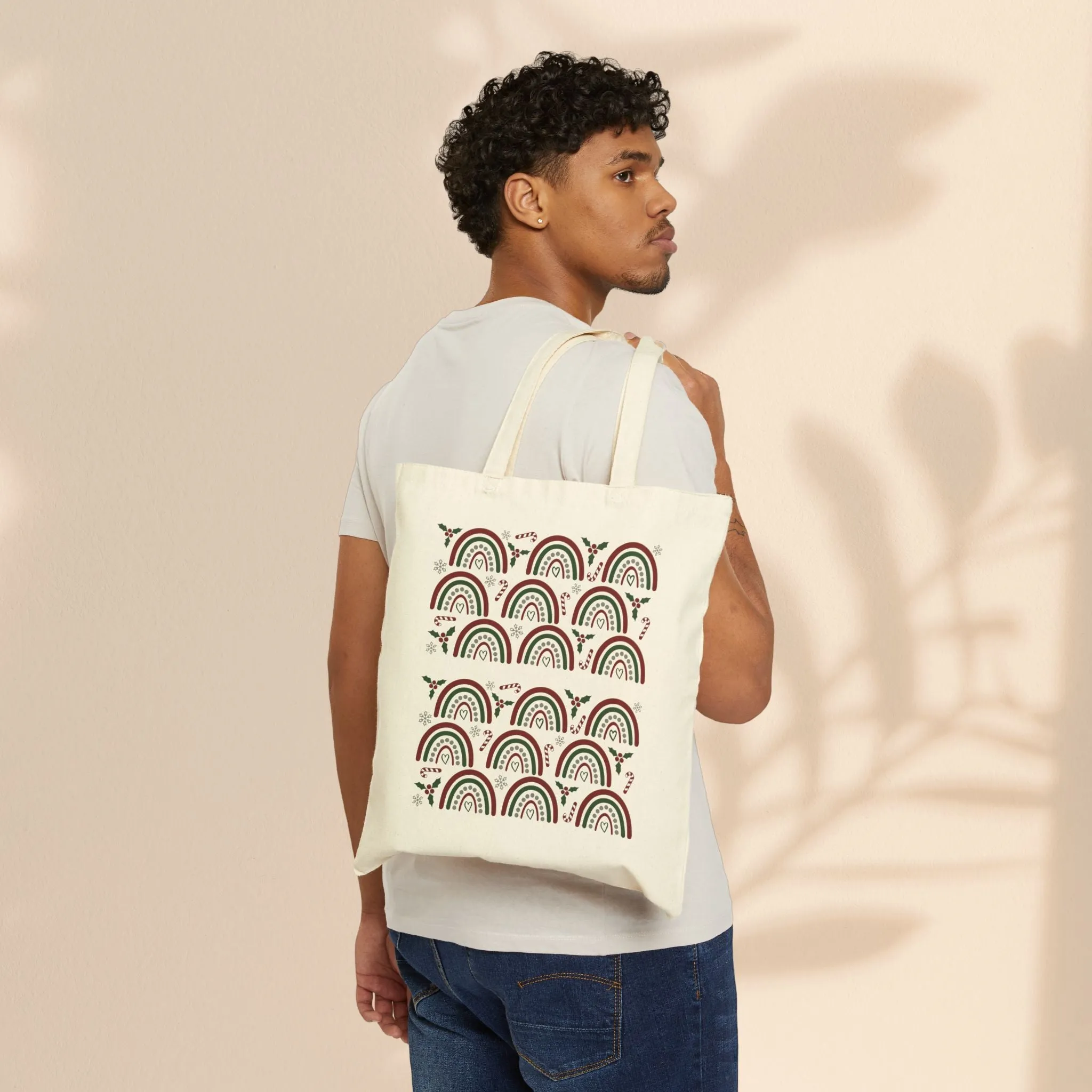 Cotton Canvas Tote Bag - Christmas Rainbows
