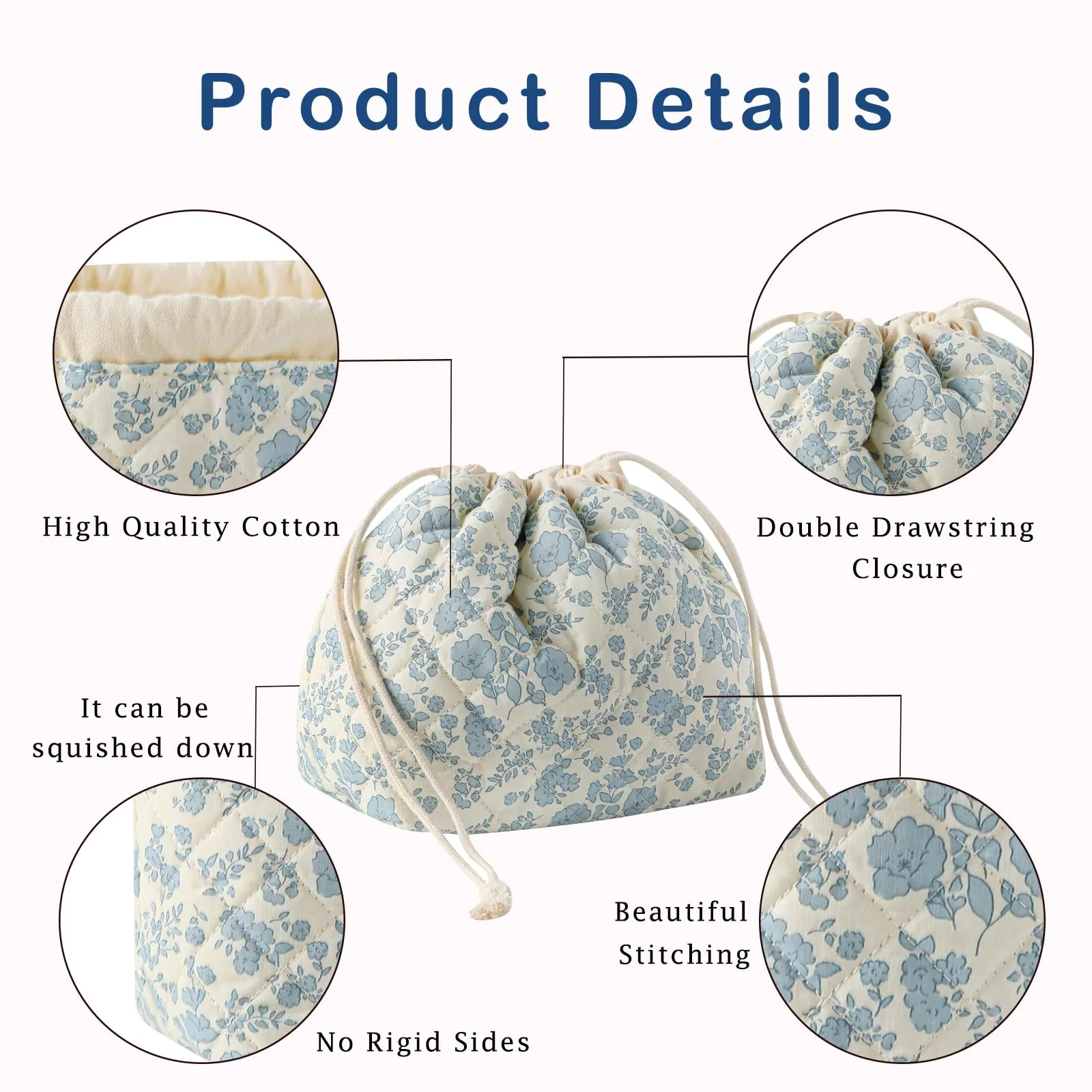 Cotton Quilted Drawstring Makeup Bag with Canvas Lining,Coquette Aesthetic Cute Travel Toiletry Bag,Drawstring Gift Bag for Women and Girls（02Light Blue Flower）