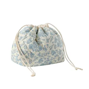 Cotton Quilted Drawstring Makeup Bag with Canvas Lining,Coquette Aesthetic Cute Travel Toiletry Bag,Drawstring Gift Bag for Women and Girls（02Light Blue Flower）