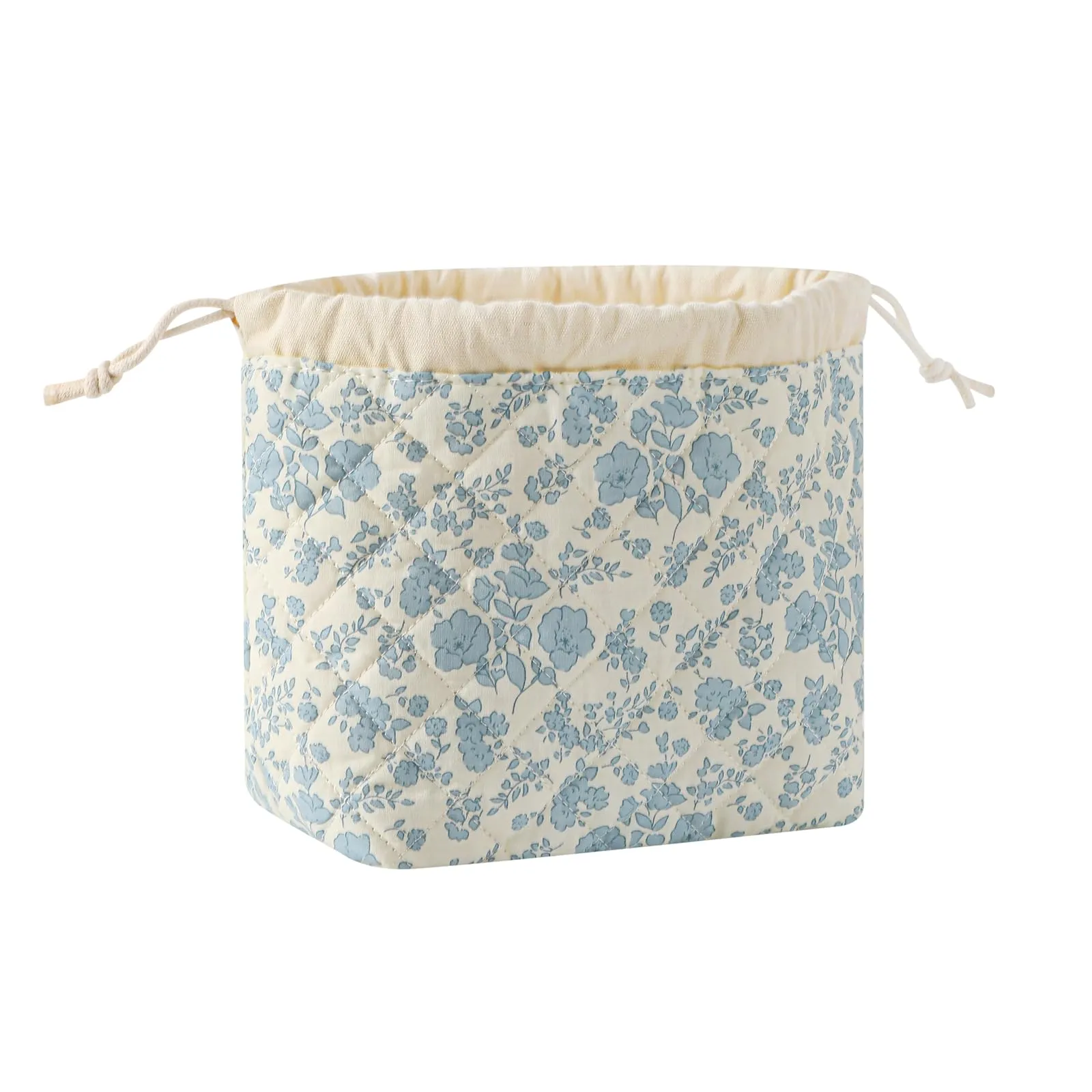 Cotton Quilted Drawstring Makeup Bag with Canvas Lining,Coquette Aesthetic Cute Travel Toiletry Bag,Drawstring Gift Bag for Women and Girls（02Light Blue Flower）