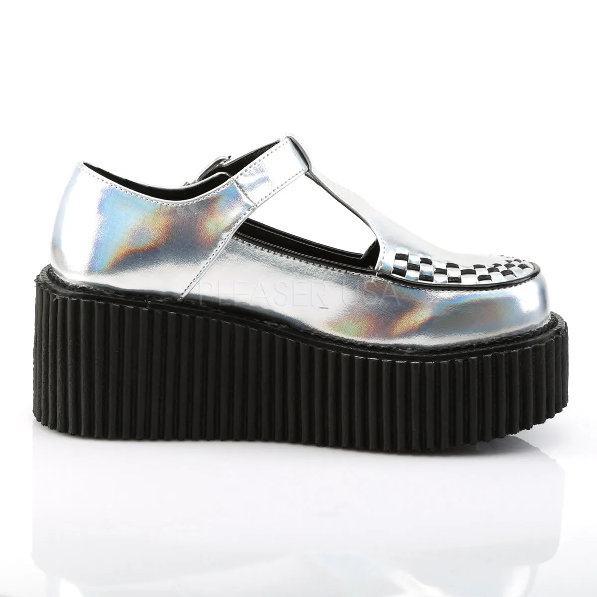 CREEPER-214  Silver Hologram-Black Vegan Leather