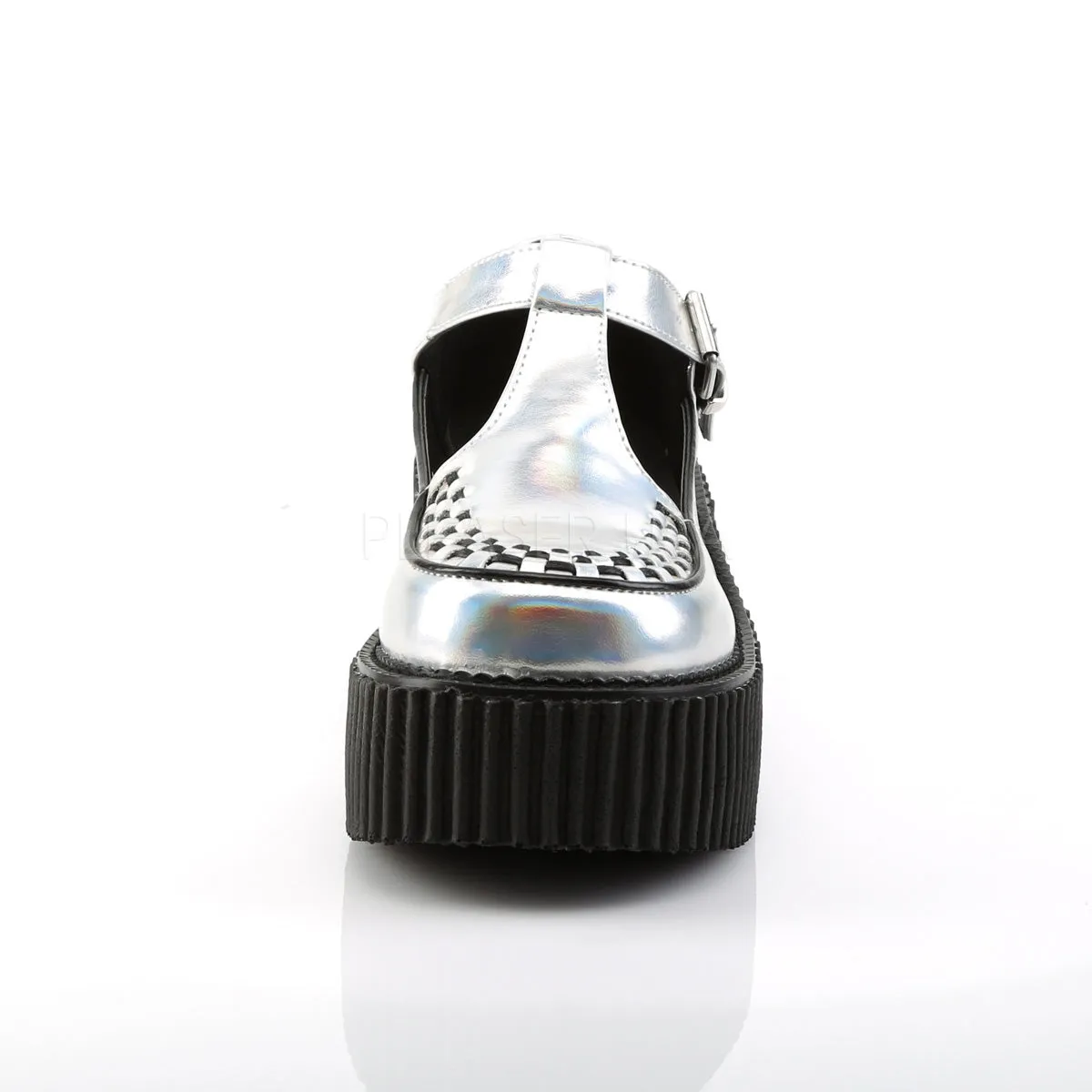 CREEPER-214  Silver Hologram-Black Vegan Leather