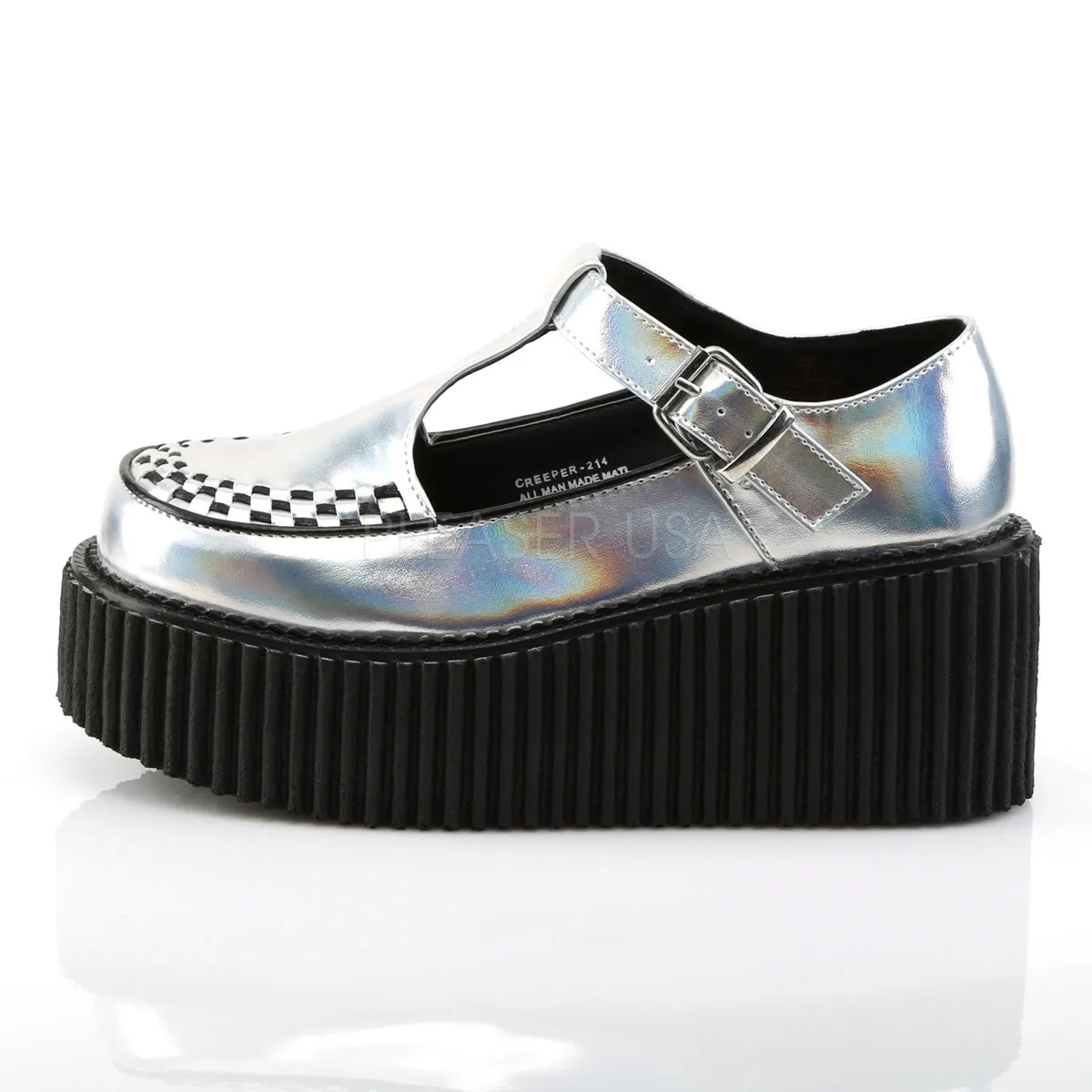 CREEPER-214  Silver Hologram-Black Vegan Leather