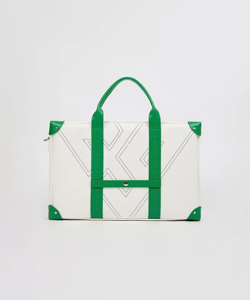 CREVE NINE:  Product Name Symbol Punching Boston Bag - Ivory Green