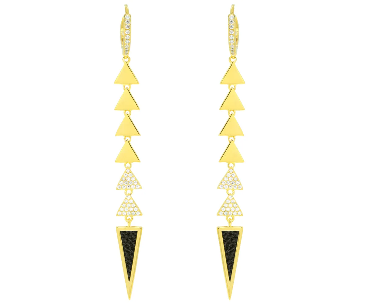 Dangling Triangle Leather Inlay Crystal Gold Earrings