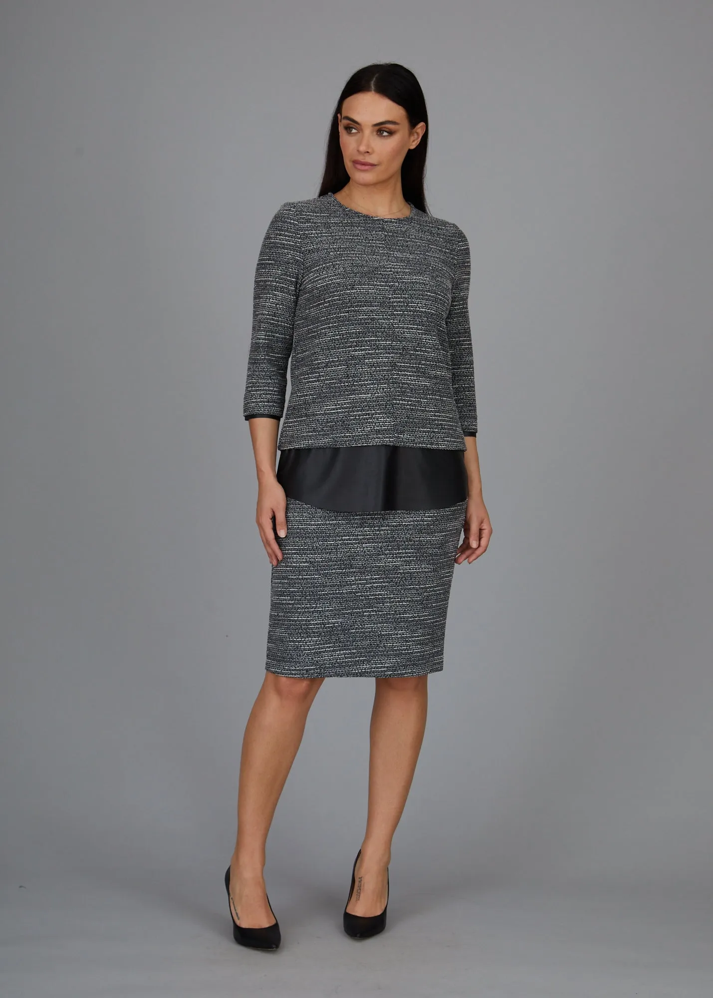 Dawn Hi-Low Crew -  Boucle Knit w/ Black Faux Leather Combo: FINAL SALE