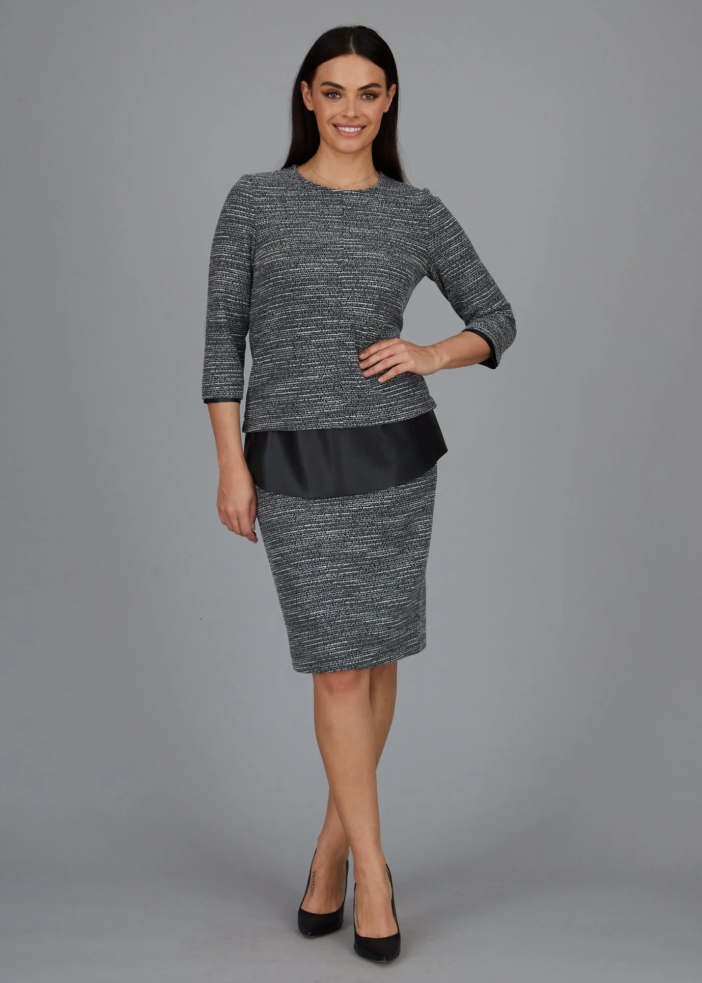 Dawn Hi-Low Crew -  Boucle Knit w/ Black Faux Leather Combo: FINAL SALE